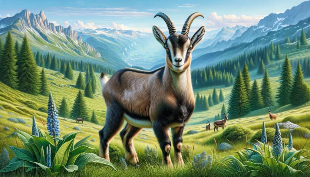 The Alpine Goat Directory - A detailed and photorealistic illustration of an Alpine goat. The scene features a healthy and vibrant Alpine goat standing in a lush green meadow. Th (2)